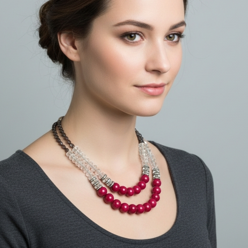 Statement Double Strand Red Crystal Beaded Necklace Layered